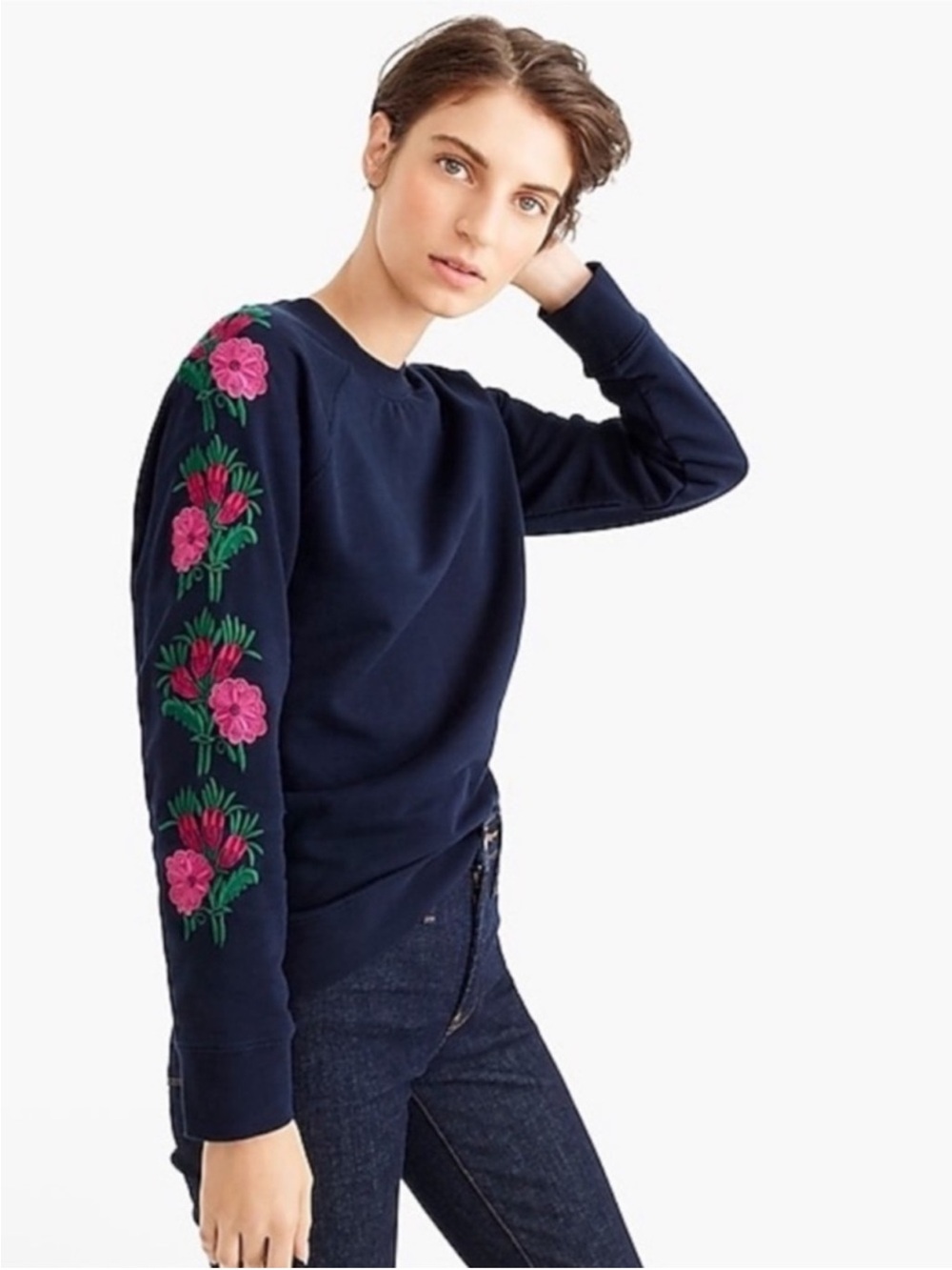 J. Crew Navy Sweatshirt with Pink Floral Embroidery Sleeves Size XS Casual Comfy